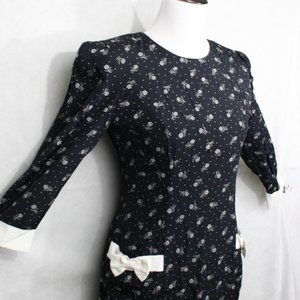 Vintage 50’s My Michelle Black Floral Midi Dress w/White Bows & Trim SZ 9/10 EUC